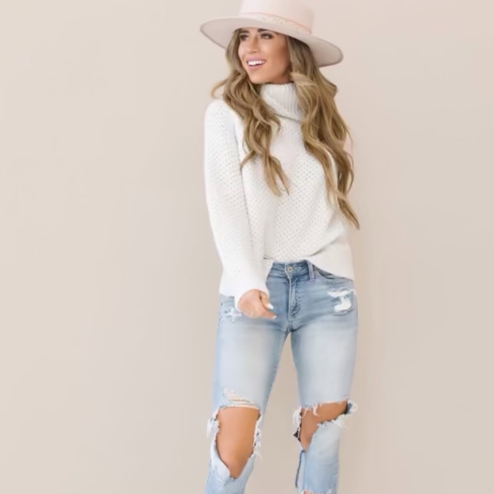 Cream Melange Turtleneck Waffle Sweater - Picture 2 of 7